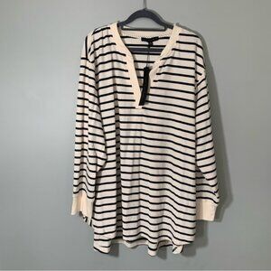 NEW Jane & Delancey Long Sleeve Striped Henley Black and Cream Women's Top